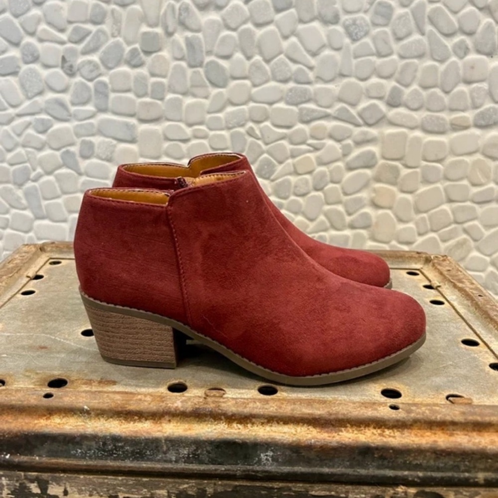 Women's Burgundy Suede Ankle Booties with Low Stacked Heel